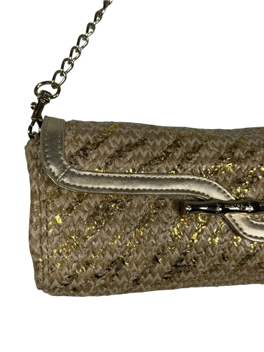 Elaine Turner Convertible Clutch Bag Woven Metallic Raffia Bamboo Accent